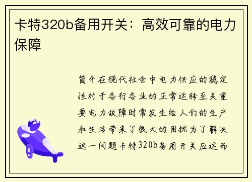 卡特320b备用开关：高效可靠的电力保障